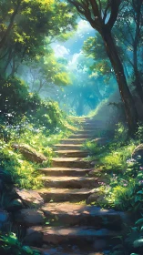 Luminous Forest Path Leading Through Towering Trees.