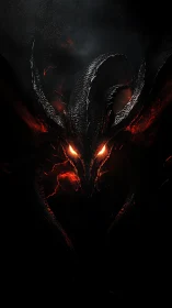 Infernal dragon visage emerging from smoldering darkness.