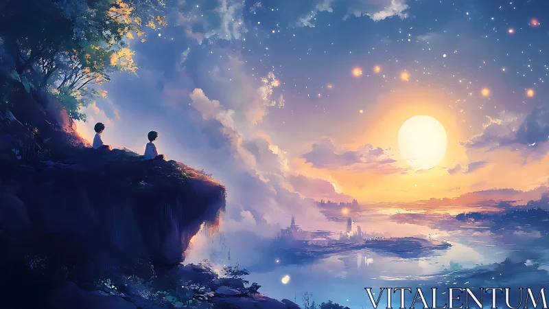 Children on starlit cliff watching a dream-bright moonrise.