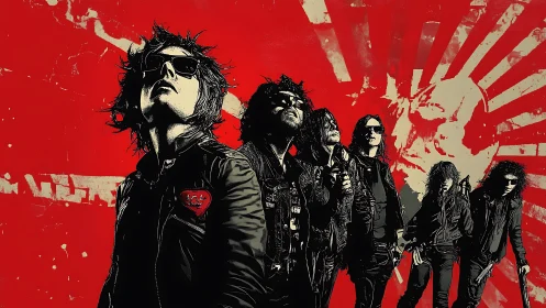 Bold rock band rises against a fierce red graphic sky