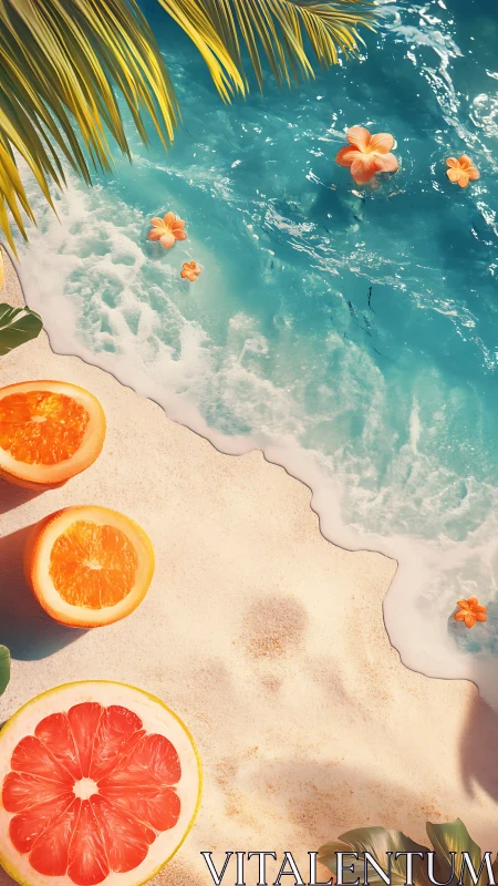Sunny citrus shore with bright blooms and turquoise waves.
