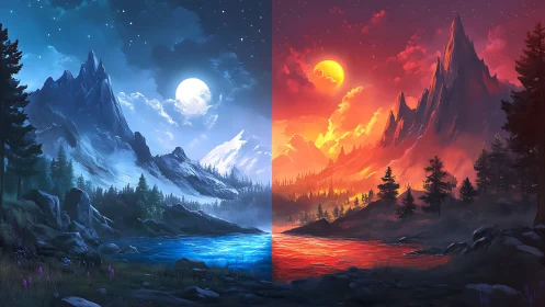 Dual fantasy mountains split between moonlit night and fire sky.