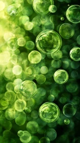 Emerald bubbles drift upward through a glowing forest haze