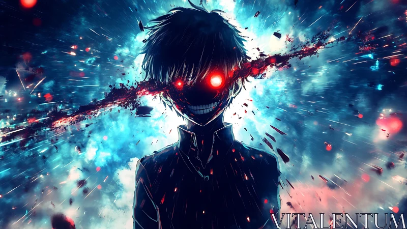 Explosive neon-eyed anime figure dissolves into radiant debris