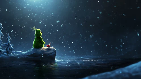 Furry green creature watches snow over moonlit winter lake.