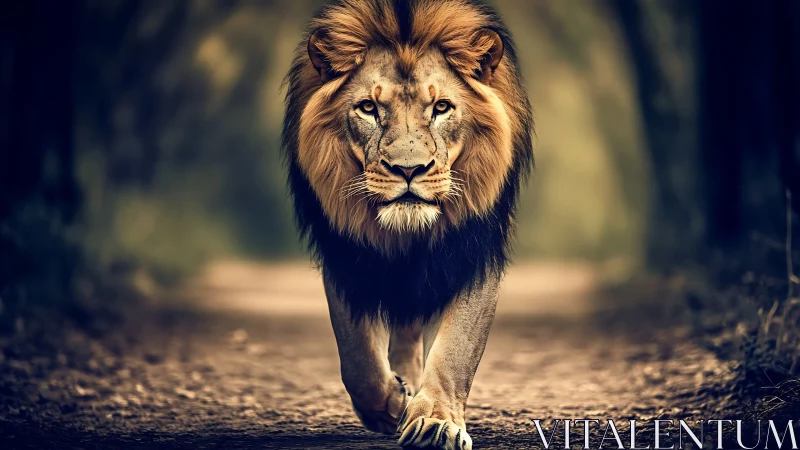 Male lion walks forward on dirt path in shallow depth of field