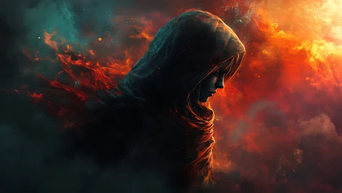 Hooded figure in swirling red and teal cosmic firestorm.