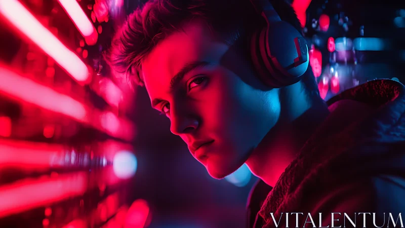 Neon headphones glow around a focused gamer lost in sound