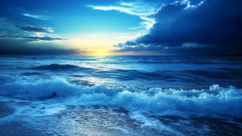 Vibrant seascape sunset with crashing blue shoreline waves.
