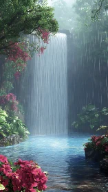 Whispering rainforest waterfall draped in mist and blooms.