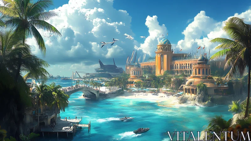 Rendered tropical coastal cityscape with palatial architecture and waterfront infrastructure.
