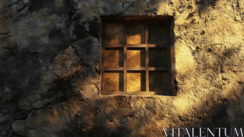 Sunlit textured stone wall with weathered grid-framed window aperture