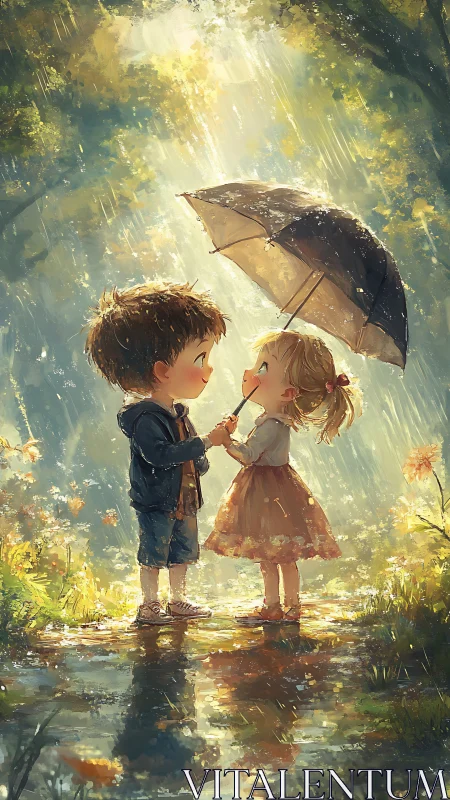 Two Children Sharing a Moment Under the Rain.