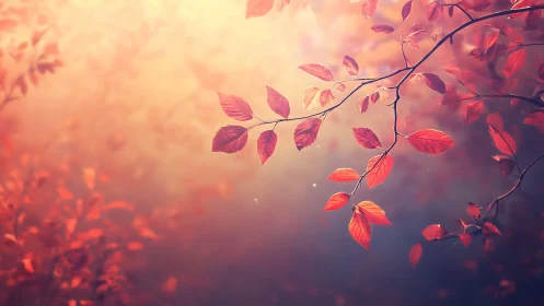 Shallow-depth autumn foliage branch rendered in soft backlit bokeh