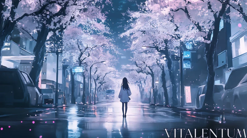 Solitary girl walks under glowing cherry blossoms at night
