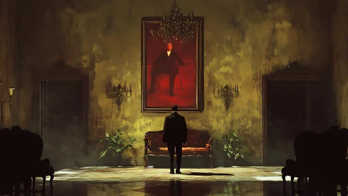 Man in grand hall facing large red portrait in silence.