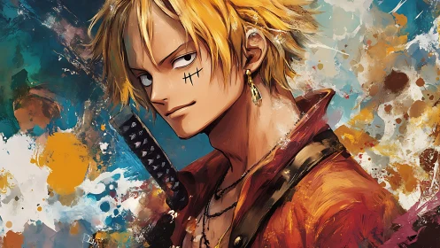 Rebel swordsman in golden hues against wild paint storm.