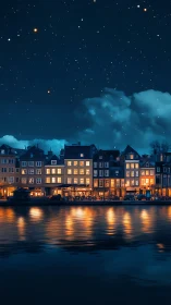 Canalfront townhouses under starlit cobalt night sky.