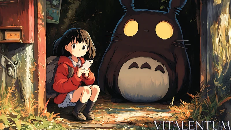 Girl with smartphone sits beside large forest creature