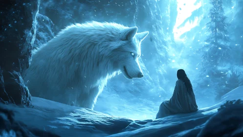 Colossal spectral white wolf confronting cloaked figure in icy ravine