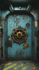 Rust-weathered industrial blast door with circular locking hub