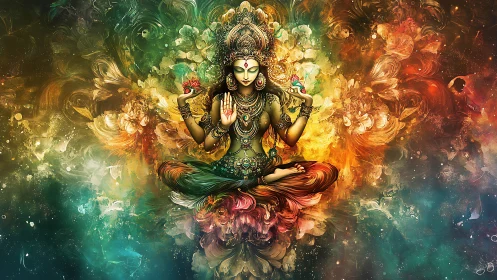 Multilimbed deity figure in colorful abstract digital space.