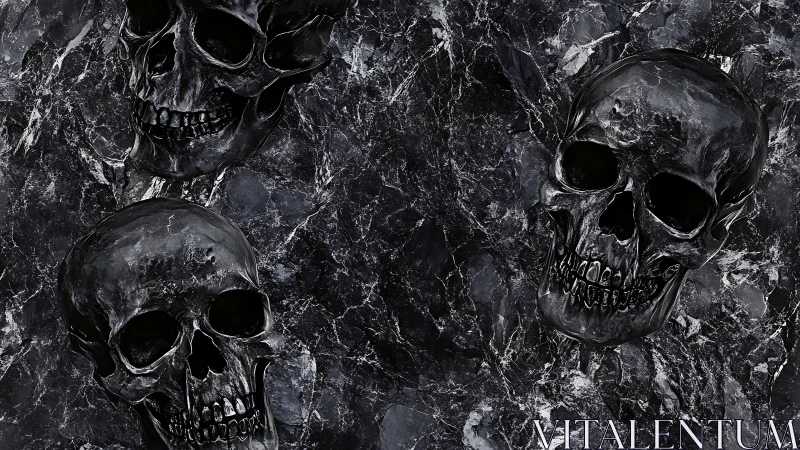 Gleaming black skulls drift across a storm-dark marble void