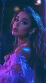 Female portrait in neon side lighting with tulle dress.