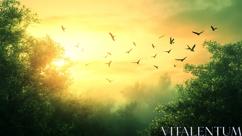 Digital painting sunrise woodland with silhouetted birds in flight.
