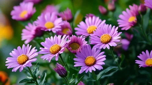 Purple Aster Flowers with Yellow Centers in Garden.