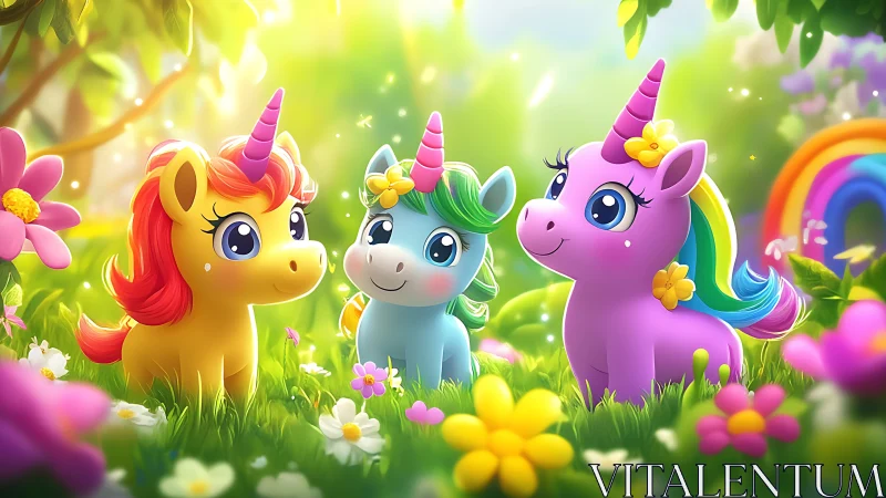 Three stylized unicorn characters stand in a flower meadow
