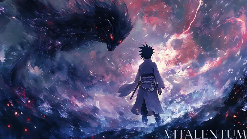 Lone warrior confronts shadow beast in storming cosmic void