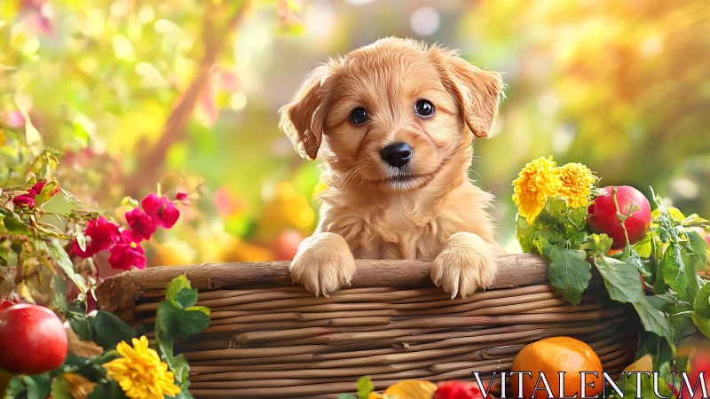 Golden puppy rests in woven basket among bright garden fruit