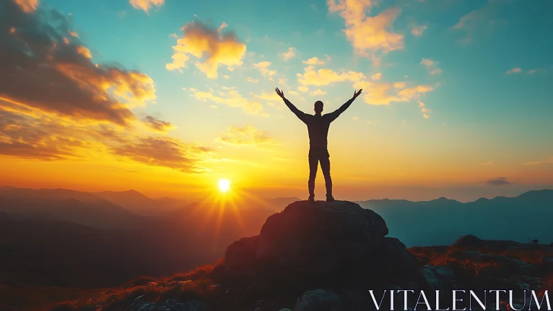 Sunrise summit victory with sky-borne silhouette joy.