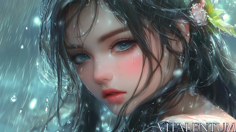 Hyperreal anime portrait of wet-haired girl under rainfall