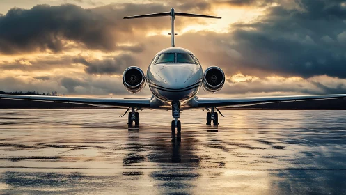 Private jet on wet runway at dramatic sunset sky.