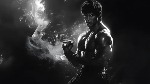 Monochrome martial artist with smoky kinetic energy aura.