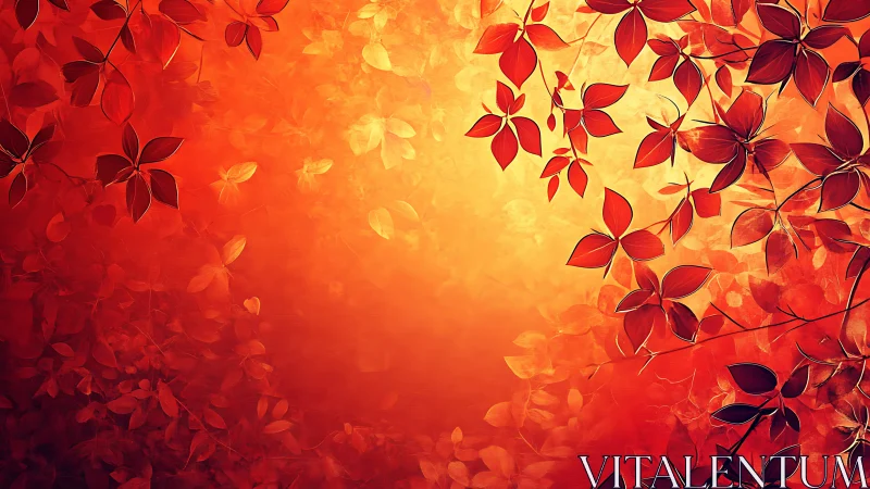 Radiant gradient canopy with stylized red foliage silhouettes.