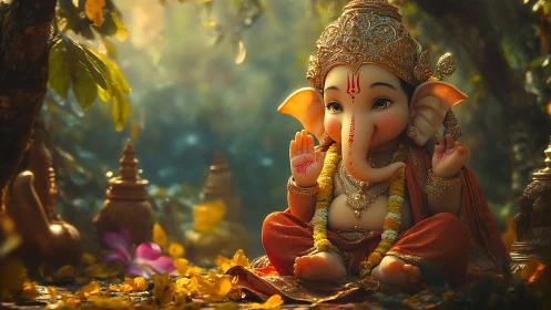 Gentle baby Ganesha in golden forest morning light.
