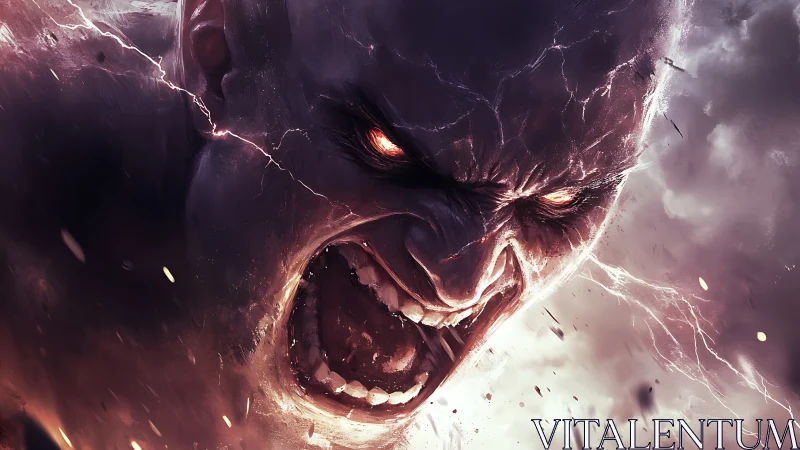 Close view of monstrous humanoid head amid storm clouds.