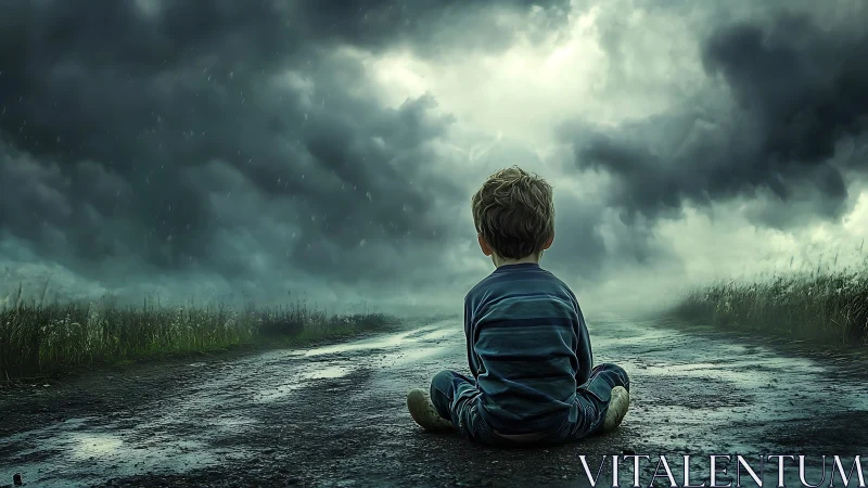 Child sitting on wet rural road under dense storm clouds.