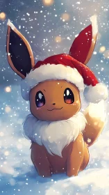 Cartoon foxlike creature in red winter hat in snowfall.