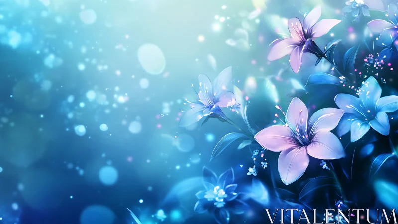 Ethereal Blue Floral Composition with Luminescent Pink and Lavender Blooms.