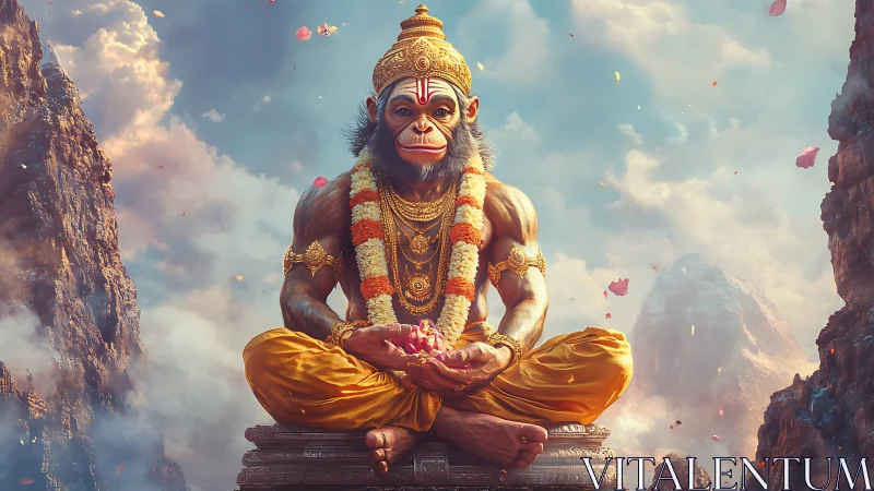 Serene monkey deity sits in golden robes amid misty mountains