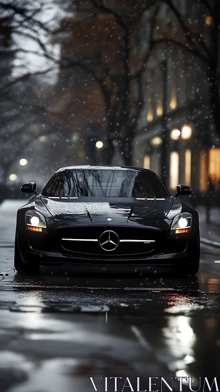 Midnight black supercar prowls through soft winter drizzle.