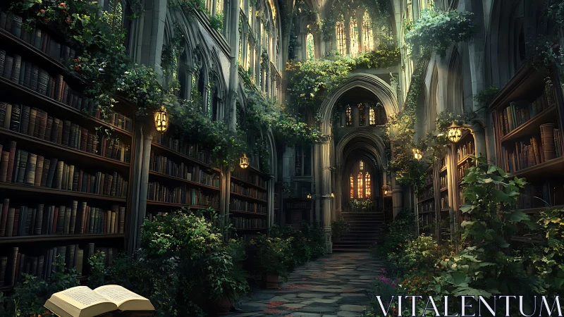 Gothic library sanctuary with overgrown botanical arches.