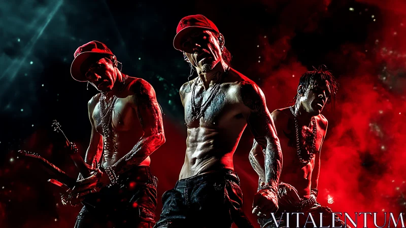 Triadic shirtless performers under red backlit smoke pose powerfully