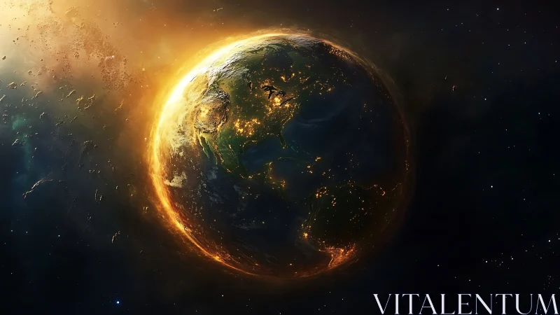 Illuminated Earth is rendered with glowing atmospheric rim