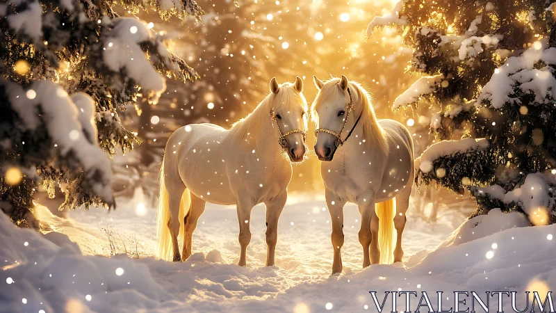 Two white horses standing in snowy forest under warm light.