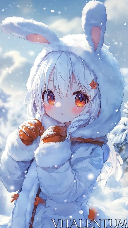 Snowlit anime girl in bunny parka with luminous orange gaze.